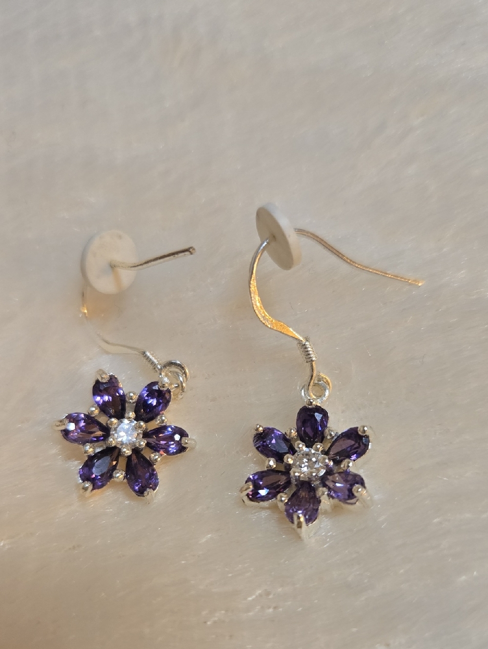 Silver Flower Drop Earrings with Purple Gemstones